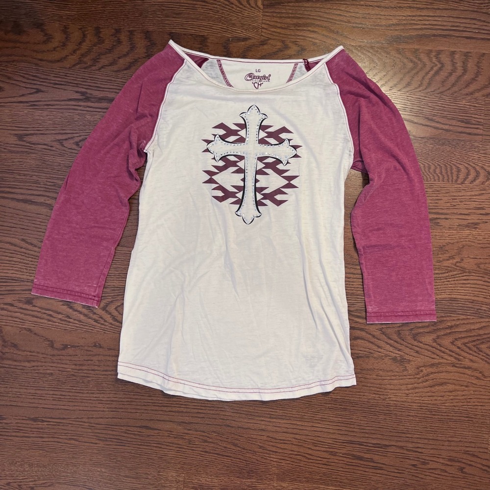 y2k white & red cross rhinestone graphic top large